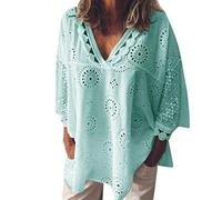 Vimoli Chemisiers Femme Été Élégant Tunique à Manches 3/4 Coton et Lin avec Dentelle Creuse Chic Haut Blouses Col en V Lâché Pull Top (Vert,3XL)