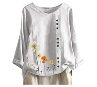 Vimoli Chemisiers Femme Été Grande Taille Chat Broderie Vintage T-Shirt Coton et Lin Haut à Manches Courtes Col Rond Lâché Décontractée Tee Tops(YC Blanc,3XL)