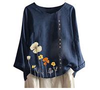 Vimoli Chemisiers Femme Été Grande Taille Chat Broderie Vintage T-Shirt Coton et Lin Haut à Manches Courtes Col Rond Lâché Décontractée Tee Tops(YC Marine,5XL)
