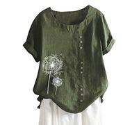 Vimoli Chemisiers Femme Été Grande Taille Fleur Broderie Vintage Coton et Lin Haut à Manches Courtes Col Rond Lâché Décontractée Tee Tops(Wj Vert,4XL)