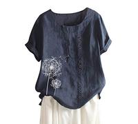 Vimoli Chemisiers Femme Été Grande Taille Fleur Broderie Vintage Coton et Lin Haut à Manches Courtes Col Rond Lâché Décontractée Tee Tops(Wj Marine,4XL)