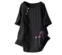 Vimoli Chemisiers Femme Été Grande Taille Fleur Broderie Vintage Coton et Lin Haut à Manches Courtes Col Rond Lâché Décontractée Tee Tops (Noir,5XL)