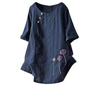 Vimoli Chemisiers Femme Été Grande Taille Fleur Broderie Vintage Coton et Lin Haut à Manches Courtes Col Rond Lâché Décontractée Tee Tops (Marine,5XL)
