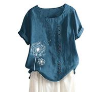 Vimoli Chemisiers Femme Été Grande Taille Fleur Broderie Vintage Coton et Lin Haut à Manches Courtes Col Rond Lâché Décontractée Tee Tops(Wj Bleu,4XL)