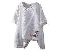 Vimoli Chemisiers Femme Été Grande Taille Fleur Broderie Vintage Coton et Lin Haut à Manches Courtes Col Rond Lâché Décontractée Tee Tops (Blanc,XXL)