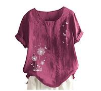 Vimoli Chemisiers Femme Été Grande Taille Fleur Broderie Vintage Coton et Lin Haut à Manches Courtes Col Rond Lâché Décontractée Tee Tops(WsRose Vif,3XL)