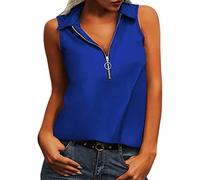 Vimoli Débardeurs Femme Décontractée Couleur Unie Fermeture Éclair Col en V Tank Top D'été Ample sans Manche Tunique T-Shirts Haut Blouses Mode Casual Pull Tee Shirt Chemisiers(Bleu,XL)