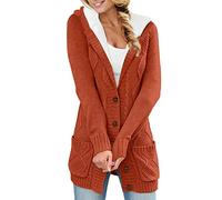 Vimoli Gilets Femme Épais Chaud Pulls Veste en Peluche Doublé Bloc de Couleur Chunky Cardigan à Capuche Boutonné Tricot Outwear en Maille Manches Longues Manteau Sweater avec Poches(B Orange,S)