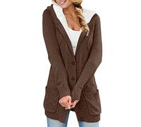 Vimoli Gilets Femme Épais Chaud Pulls Veste en Peluche Doublé Bloc de Couleur Chunky Cardigan à Capuche Boutonné Tricot Outwear en Maille Manches Longues Manteau Sweater avec Poches(B Marron,XXL)
