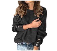 Vimoli Pull Femme Printemps Automne Décontractée Couleur Unie Pull-Over Élégant Col Rond Manches Longue Sweat-Shirt Basique Lâché Boutons Blouse(A Noir,S)