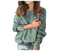 Vimoli Pull Femme Printemps Automne Décontractée Couleur Unie Pull-Over Élégant Col Rond Manches Longue Sweat-Shirt Basique Lâché Boutons Blouse(B Bleu,3XL)