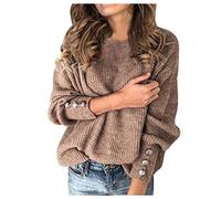 Vimoli Pull Femme Printemps Automne Décontractée Couleur Unie Pull-Over Élégant Col Rond Manches Longue Sweat-Shirt Basique Lâché Boutons Blouse(B Kaki,3XL)