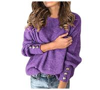 Vimoli Pull Femme Printemps Automne Décontractée Couleur Unie Pull-Over Élégant Col Rond Manches Longue Sweat-Shirt Basique Lâché Boutons Blouse(B Violet,S)
