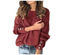 Vimoli Pull Femme Printemps Automne Décontractée Couleur Unie Pull-Over Élégant Col Rond Manches Longue Sweat-Shirt Basique Lâché Boutons Blouse(B Rouge,XL)
