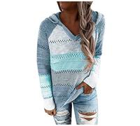 Vimoli Sweat à Capuche Femme Manches Longues Patchwork Épissage Sweat Col en v Manches Longues Automne Poids léger Tops en Tricot Pullover Sportwear(C Bleu Ciel,XL)