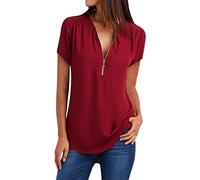 Vimoli T-Shirts à Manches Courtes Femme Été Grande Taille Couleur Unie Tee-Shirt en Mousseline de Soie Fermeture Éclair Col en V Chic Haut Top Blouses Chemisiers (Vin Rouge,3XL)