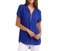 Vimoli T-Shirts à Manches Courtes Femme Été Grande Taille Couleur Unie Tee-Shirt en Mousseline de Soie Fermeture Éclair Col en V Chic Haut Top Blouses Chemisiers (Bleu,3XL)
