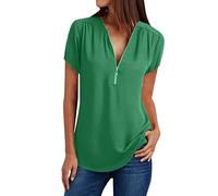 Vimoli T-Shirts à Manches Courtes Femme Été Grande Taille Couleur Unie Tee-Shirt en Mousseline de Soie Fermeture Éclair Col en V Chic Haut Top Blouses Chemisiers (Vert,4XL)