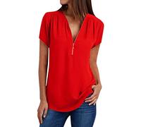 Vimoli T-Shirts à Manches Courtes Femme Été Grande Taille Couleur Unie Tee-Shirt en Mousseline de Soie Fermeture Éclair Col en V Chic Haut Top Blouses Chemisiers (Rouge,XXL)