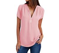 Vimoli T-Shirts à Manches Courtes Femme Été Grande Taille Couleur Unie Tee-Shirt en Mousseline de Soie Fermeture Éclair Col en V Chic Haut Top Blouses Chemisiers (Rose,XXL)