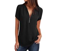 Vimoli T-Shirts à Manches Courtes Femme Été Grande Taille Couleur Unie Tee-Shirt en Mousseline de Soie Fermeture Éclair Col en V Chic Haut Top Blouses Chemisiers (Noir,M)