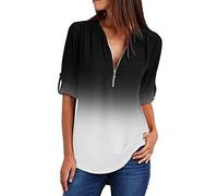 Vimoli T-shirts à manches courtes Femme Été Grande Taille Couleur Unie Tee-Shirt en Mousseline de Soie Fermeture Éclair Col en V Chic Haut Top Blouses Chemisiers(Wf Blanche,XXL)