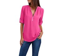 Vimoli T-Shirts à Manches Courtes Femme Été Grande Taille Couleur Unie Tee-Shirt en Mousseline de Soie Fermeture Éclair Col en V Chic Haut Top Blouses Chemisiers(WB Rose Vif,4XL)