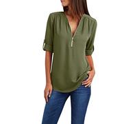 Vimoli T-Shirts à Manches Courtes Femme Été Grande Taille Couleur Unie Tee-Shirt en Mousseline de Soie Fermeture Éclair Col en V Chic Haut Top Blouses Chemisiers(WB Armée Verte,2XL)