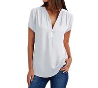 Vimoli T-Shirts à Manches Courtes Femme Été Grande Taille Couleur Unie Tee-Shirt en Mousseline de Soie Fermeture Éclair Col en V Chic Haut Top Blouses Chemisiers (Blanc,M)