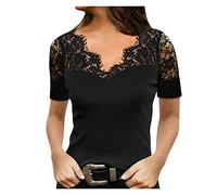 Vimoli T-Shirts Femme Été Coutures Dentelle Col en V Tee Shirt à Manches Courtes Chic Épaules Dénudées Haut Top Élégant Mode Blouses Chemisiers Pas Cher(C Noir,XL)