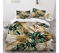 Feuilles Tropicales Housse de Couette 220x240 Adulte Enfant Or Vert 3D Parure de Lit 2 Personnes en Microfibre Linge de Lit 3 Pièces avec Fermeture Éclai et 2 Taie d'oreiller 50x75