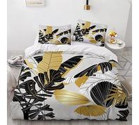 VIMOOR Housse de Couette 200x200 Plantes Tropicales Parure de Lit 2 Personnes Ado Fille Enfant 3 Pièces avec Fermeture Éclai et 2 Taie d'oreiller 3D Or Noir Douce Microfibre Ensemble de Literie