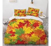 VIMOOR Housse de Couette 240x260 Adulte Feuilles d'automne 3D Parure de Lit 2 Personnes en Respirante Microfibre Rouge Jaune Linge de Lit 3 Pièces avec Fermeture Éclai et 2 Taie d'oreiller 50x75