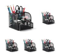 Vinabo Rangement Bureau, Organisateur de Bureau en Filet MéTallique, Pot a Crayon Bureau avec 4 Compartiments de Tri, Porte Stylo Peu Encombrant avec Tiroir Coulissant pour Papeterie, Maison, école