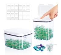 VINATO 2 L + 2,8 L Rangement Lessive Lot de 2 avec Couvercle pour Capsules | Lot De 2, 2 L + 2,8 L, PET+ABS, Avec Couvercle, Transparent, Ouverture À Pression, 24 Étiquettes, Cuillère Doseuse