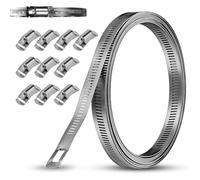VINATO 5M Collier de Serrage Inox Réglable, Collier de Serrage Métallique avec 10 Pièces Fixation, Bande Perforée en Métal pour Tuyaux, Jardin, Gaz Eau, Automobile, Industrie