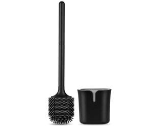 VINATO Brosse WC en Silicone avec Support - Brosse Toilettes Noire à Tête Flexible et Picots pour Un Nettoyage sans Traces, Anti-Odeurs & Anti-Rayures - Set Moderne pour Salle de Bain et Toilettes