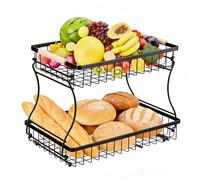 VINATO Corbeille à Fruits, 2 Étages en Métal - Panier à Fruits Moderne avec Poignées en Bois, Noir, pour Cuisine, Salle de Bain & Plus - Idéal pour Fruits, Légumes & Organisation