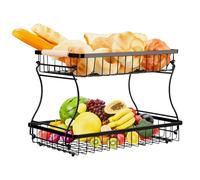 VINATO Corbeille à Fruits, 2 Étages en Métal - Panier à Fruits Moderne avec Poignées en Bois, Noir, pour Cuisine, Salle de Bain & Plus - Idéal pour Fruits, Légumes & Organisation