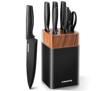 VINATO Couteau Cuisine, Set Couteau Cuisine 7 Pièces avec Bloc et Aiguiseur Intégré, Bloc à Couteaux avec 5 Couteaux Différents et 1 Paire de Ciseaux, Couteaux de Cuisine Tranchants 6 Pièces, Noir