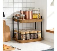 VINATO Étagère à Épices, Rangement 2 Étagères, Organisateur de Cuisine en Acier Carbone et Imitation Bois, Tiges de Support Renforcées, pour Plan de Travail, Cuisine, Salle de Bain, Bureau
