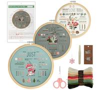 VINATO Kit de Broderie Débutant Complet - 34 Points, 3 Motifs Floraux, Cercle Bambou 20 cm, 10 Fils, Accessoires - Set pour Apprendre la Broderie, Idée Cadeau DIY Adultes
