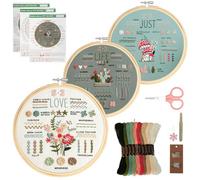 VINATO Kit de Broderie Débutant, Points à Apprendre, 3 Motifs Floraux, Cercle Bambou, Fils & Accessoires Complets - Coffret d'Initiation, Cadeau DIY & Loisir Créatif pour Adultes