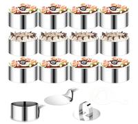 VINATO Lot de 12 Cercles à pâtisserie en Acier Inoxydable avec 2 couvercles et 4 Fonds - 16 pochoirs décoratifs - Ø 8 cm Cercles à Mousse Ronds moules à gâteaux, Donuts et Desserts