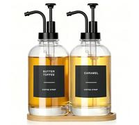 VINATO Lot de 2 Distributeurs d‘Huile et Vinaigre avec Plateau Bambou,500 ml Distributeur de Miel avec 34 Etiquettes et 1 Entonnoir,Bouteilles de Sirop en Verre pour Bar,Cuisine