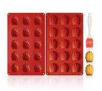 VINATO Lot de 2 Moules à Madeleine en Silicone avec Pinceau, Moule Silicone Antiadhésif, 15 Cavités, Sans BPA, Réutilisables, Moule Forme de Coquille pour Madeleines, Biscuits, Chocolat, Rouge