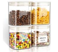 VINATO Lot de 4 Bocaux en Verre avec Couvercle (4 x 0,8L) - Bocaux Hermétiques Carrés pour Farine, Épices, Céréales & Café, Rangement Cuisine, Lavables au Lave-Vaisselle
