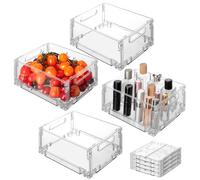 VINATO Lot de 4 Rangement Frigo Transparent, Organisateur Frigo Empilable Pliable, Boîtes de Rangement et Organisation de Cuisine Pour Aliments, Cosmétiques et Articles de Bureau - Sans BPA