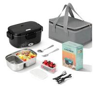 VINATO Lunch Box Chauffante 1,5 L Noir pour Voiture et Bureau | Lunch box chauffante avec compartiment 304 Inox, chauffage PTC 60W, 4 fermoirs, couverts et sac isotherme.
