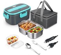 VINATO Lunch Box Chauffante 1,5 L Vert Menthe pour Voiture et Bureau | Lunch box chauffante avec compartiment 304 Inox, chauffage PTC 60W, 4 fermoirs, couverts et sac isotherme.